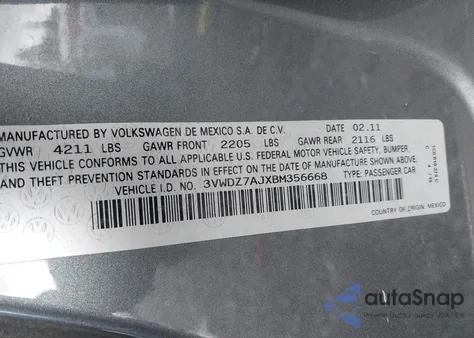 2011 Volkswagen Jetta 2.5L Se from USA, damaged, VIN 3VWDZ7AJXBM356668